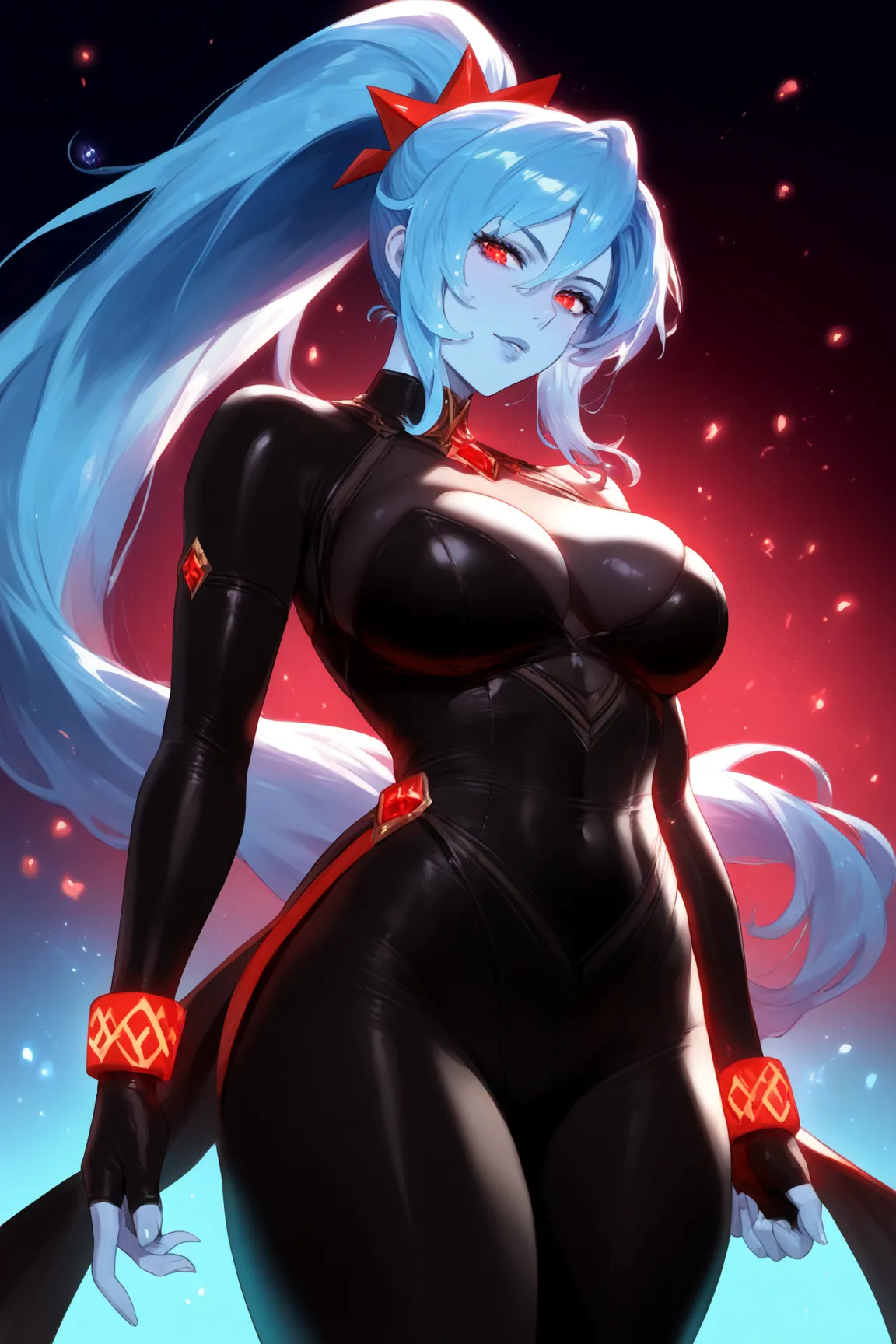 Slime woman, blue skin, blue hair, long ponytail, red eyes,Black bodysuit, Black wristband 