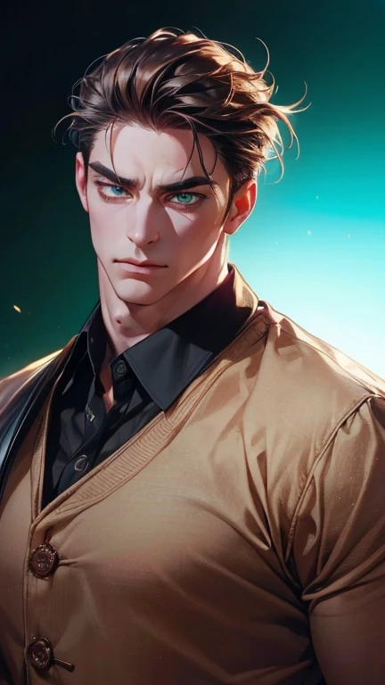 (  better quality,4K,8k,   highres,  masterpiece :1.2),  breasts  ,(Realistic,photoRealistic,photo-Realistic:1.37),36-year-old man,3 day beard,Beautiful anime,Portraits,strong,masculine,    with dark hair  ,sharp jaw,     mesmerizing green eyes   ,    perf...