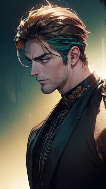 (  better quality,4K,8k,   highres,  masterpiece :1.2),  breasts  ,(Realistic,photoRealistic,photo-Realistic:1.37),36-year-old man,3 day beard,Beautiful anime,Portraits,strong,masculine,    with dark hair  ,sharp jaw,     mesmerizing green eyes   ,    perf...