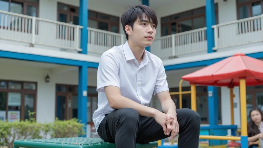 a young man sitting on top of a playground structure,Thailand male high school student dress, in style of thawan duchanee, profile image, nonbinary model, sage ( valorant ), school classroom, tv still, yoworld, follow shot, trading, change, shirt, academic