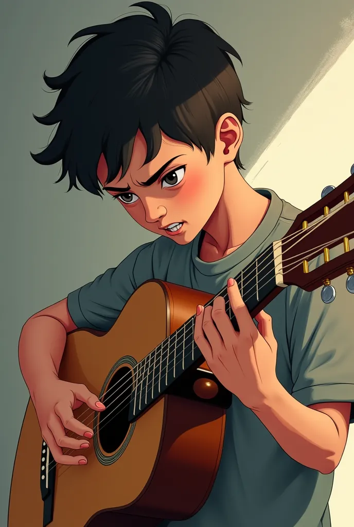 boy struggling (very struggle) to play guitar illustration