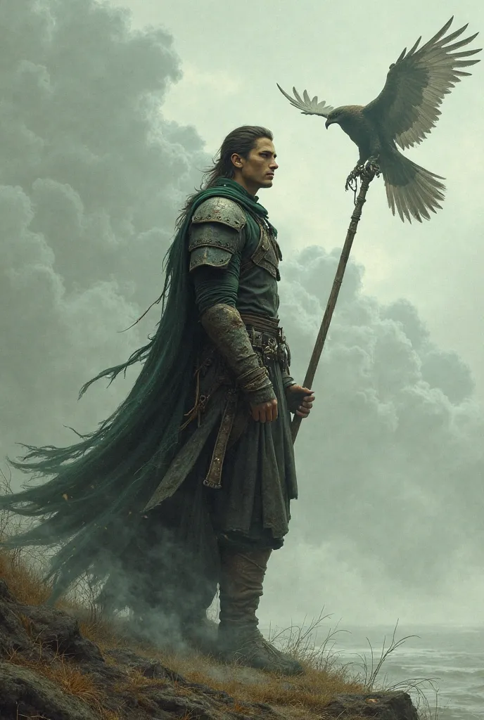  1man, tall, slender, light brown skin, scythe in right hand, leather armor, dark green cape, kestrel flying in the air above him, windy, cloudy 