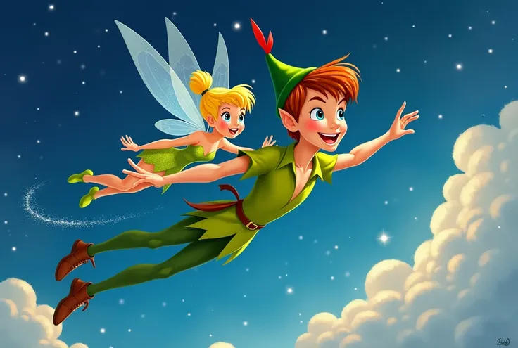 illustration, for a book, peter pan and tinkerbell, flying in the sky