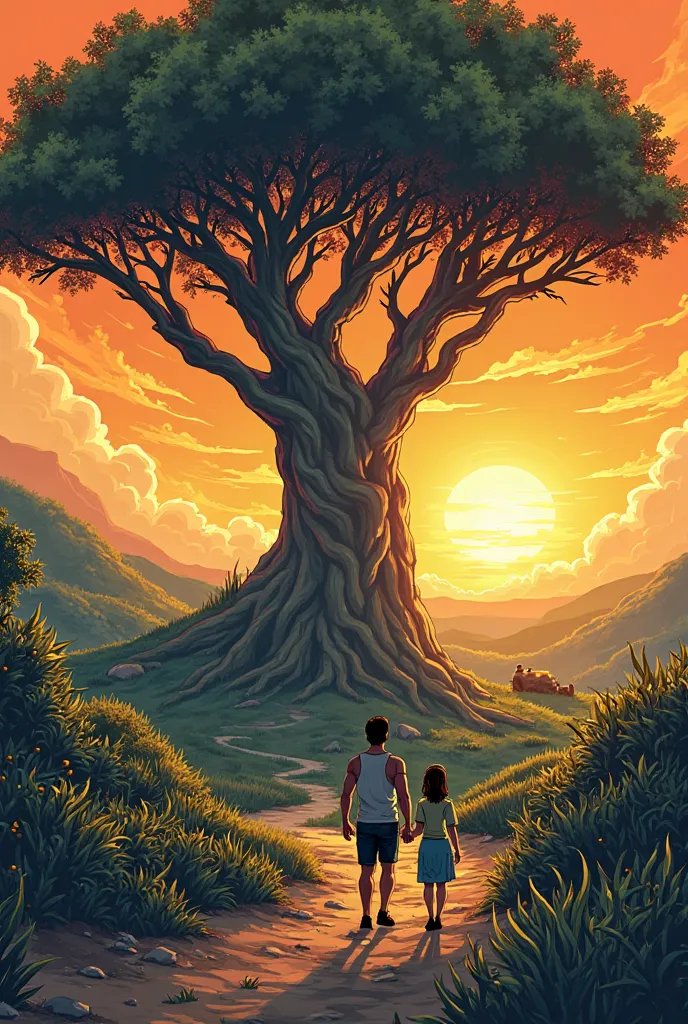 A nostalgic landscape with an imposing orange tree in the center where you can see a man and a young woman looking towards the dawn. all in the form of a comic book