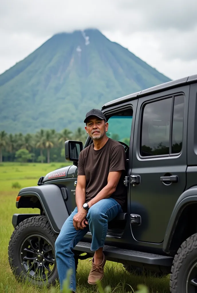  Indonesian man 40 years old , clean face , rather chubby ,  wear a black sports hat ,dark brown t-shirt,celana blue jeans,  sitting on the door of a black jeep, fields are very detailed, latar belalang moil jeep wrangler,  volcano .realistic photo.full hd...