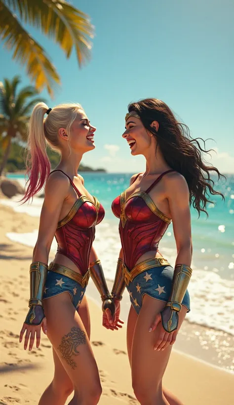  harley quinn , Wonderwoman laughing out loud on the beach,   ultra real and professional images