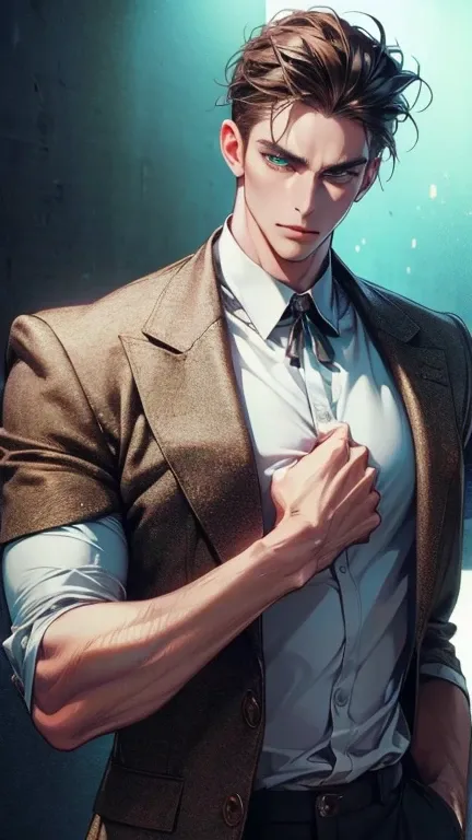 (  better quality,4K,8k,   highres,  masterpiece :1.2),  breasts  ,(Realistic,photoRealistic,photo-Realistic:1.37),36-year-old man,3 day beard,Beautiful anime,Portraits,strong,masculine,    with dark hair  ,sharp jaw,     mesmerizing green eyes   ,    perf...