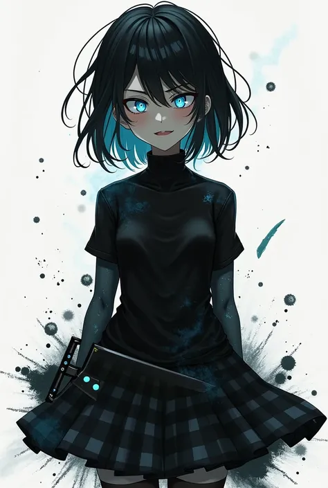 She generates an ink monster with the appearance of a girl with shoulder-length hair and her eyes shining and evil blue eyes, checkered black petticoat, skin made of ink, black shirt with and that looks menacing, dangerous fighting pose, a black knife with...