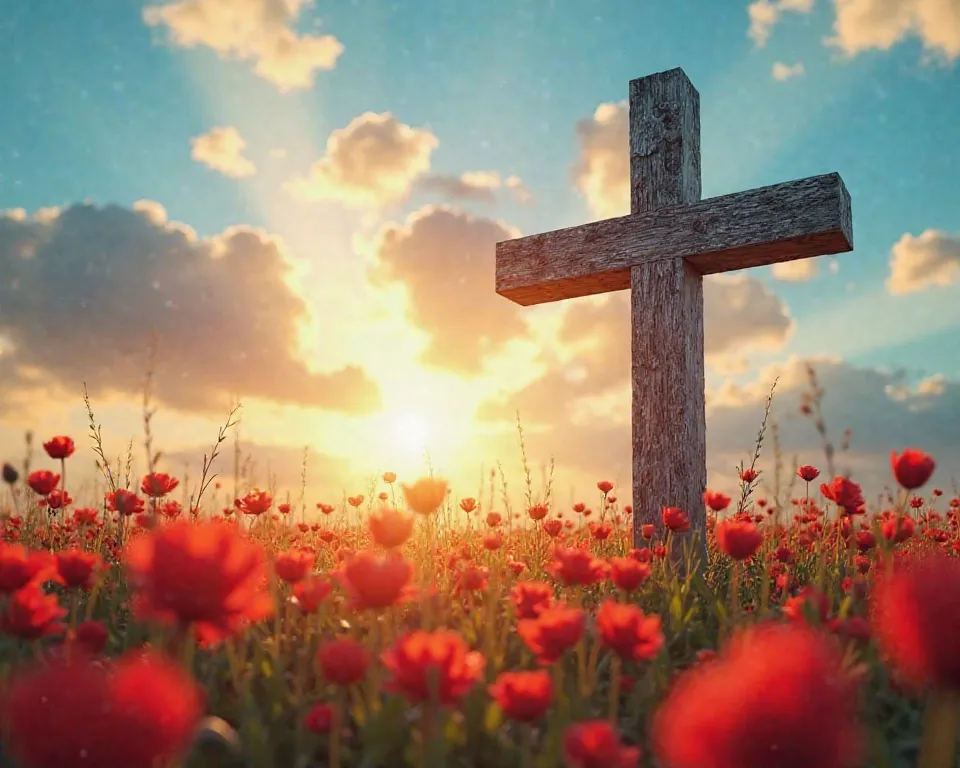 close-up of a cross with sky and sun in the background, in a field with red flowers