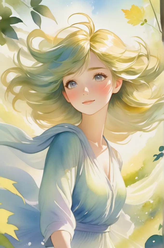 shortcut,hair that flutters in the wind, watercolor,Light color