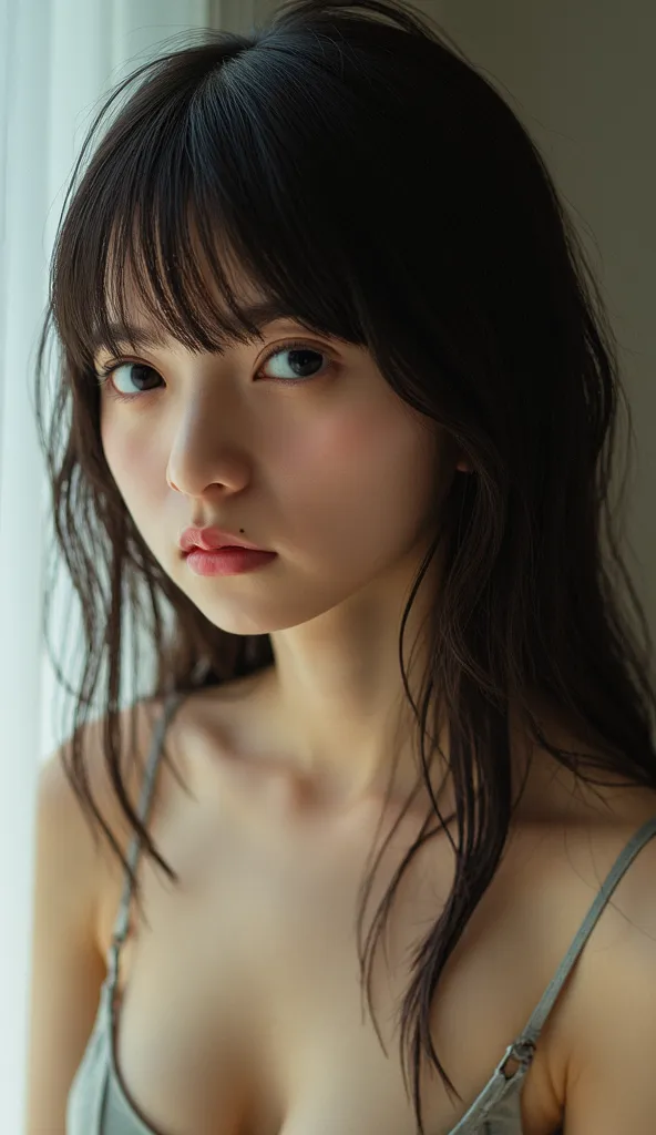 1 girl, top quality, cleavage cutout, can be generated, entangled erect nipples, small beautiful breasts, hostel、naked,  hot spring、 angle of view from side , sad face、embarrassed face、look off the camera、black hair, No underwear, 8k, real , high definitio...