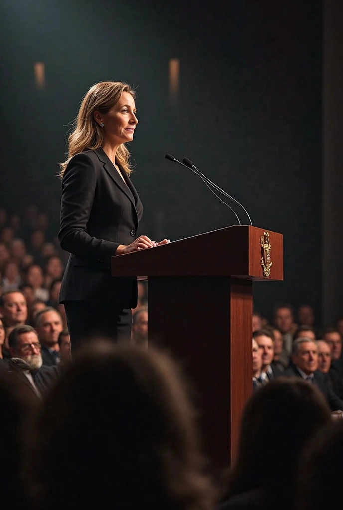 Woman giving a speech at a podium.