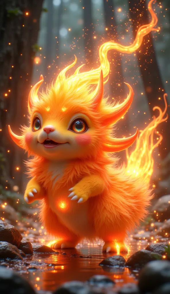 Masterpeice, realistic, high quality, 8k Ultrs HD, A small, round creature with fluffy, fire-colored fur that flickers like a living flame. It has tiny, curved horns that glow with embers and a tail shaped like a spark. Flarebloom bounces around with energ...