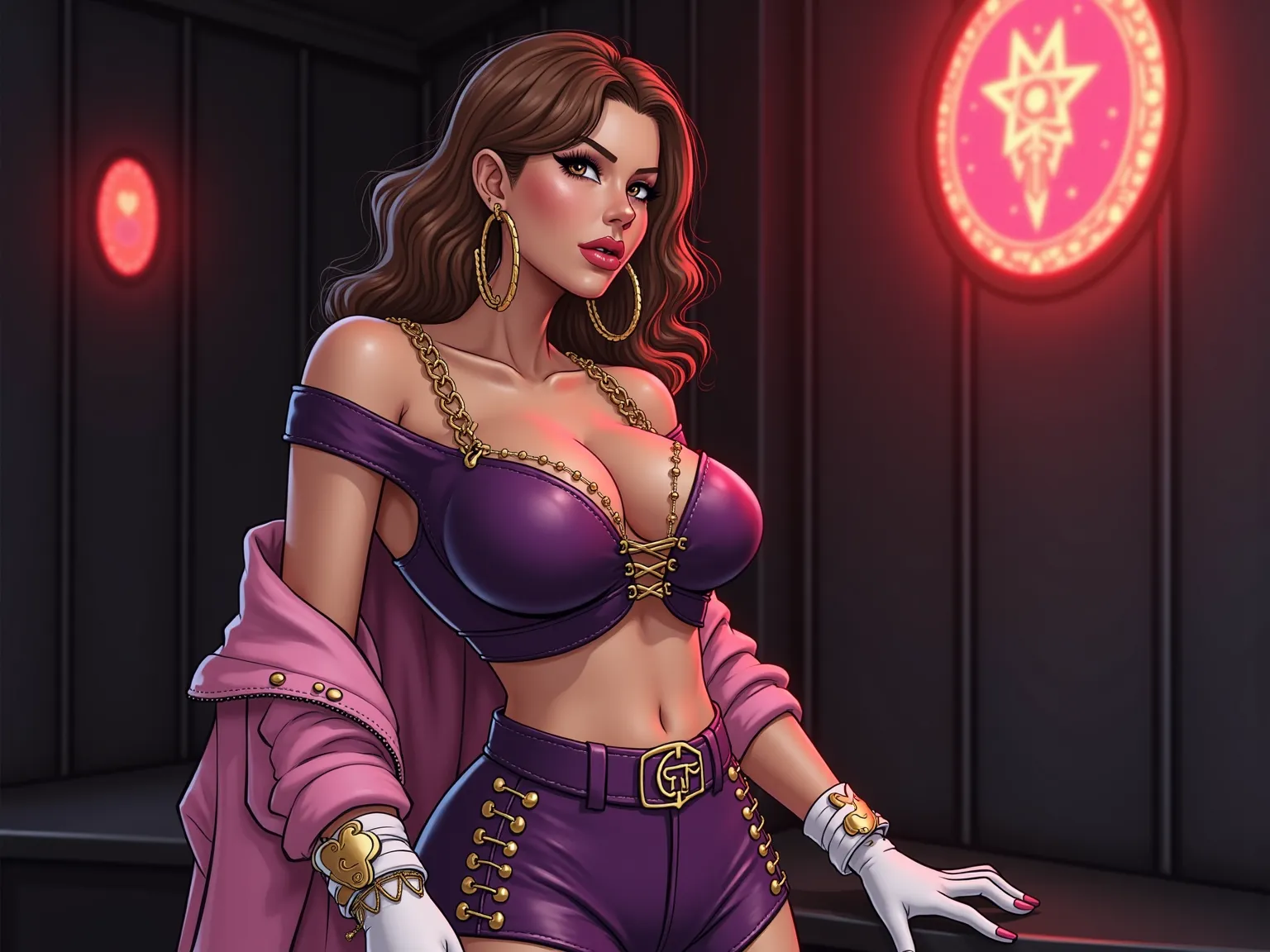 Stan lee,  marvel Comics inspired.   Gina 1 curvy,  Deep chestnut brown eyes with subtle cat eye tilt,  always narrowed slightly.  Eyebrows arched and sculpted.  Delicate slightly upturned nose, plump high gloss nude lips.  Defined cheekbones and  sharp ja...