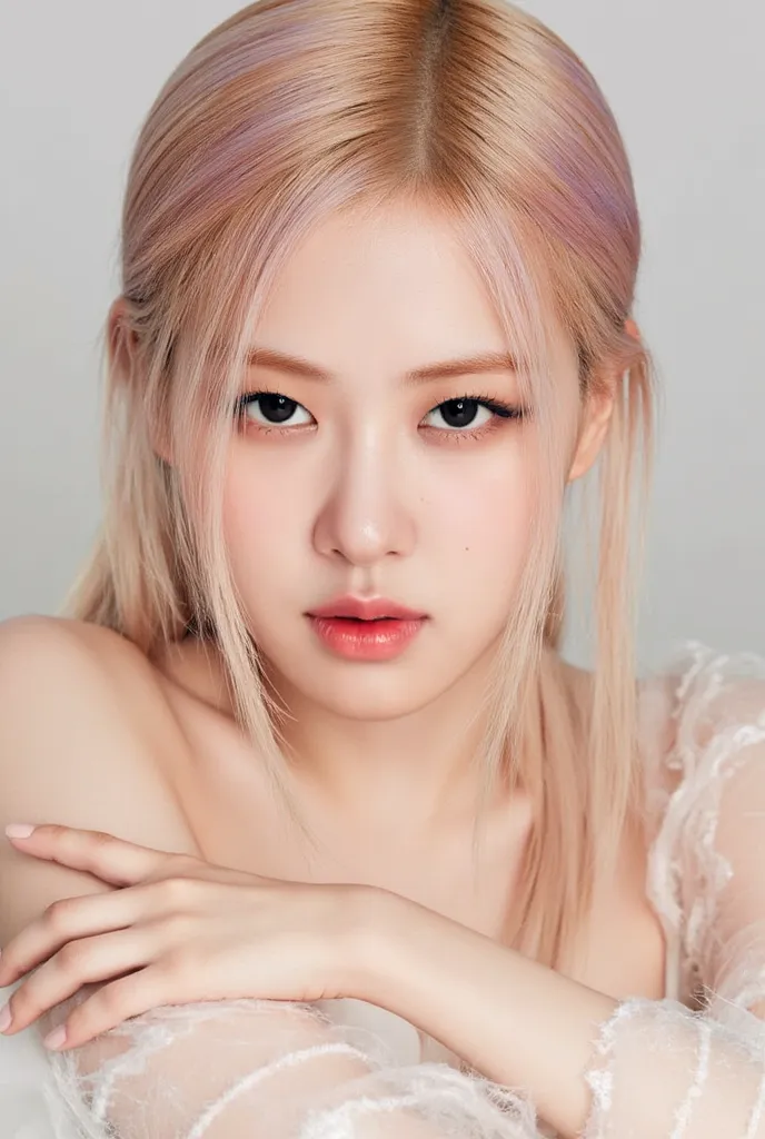 Rosé from Blackpink, looking straight at you, simetrical lighting, good lighting, blonde, perfect skin, ponytail 