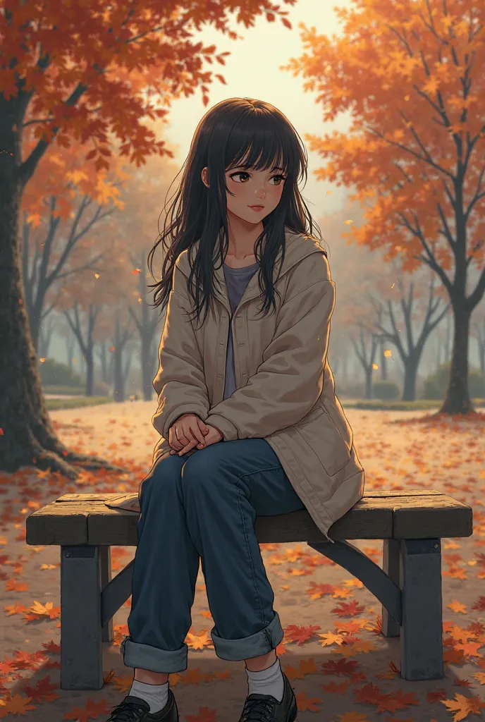 Create the character Kaoruko Waguri in a distracted setting with some trees in the autumn landscape.