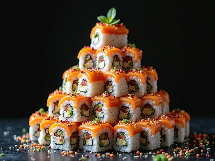 An extravagant tower of maki rolls stacked in an elegant, layered composition against a moody dark background. The rolls are adorned with intricate garnishes, showcasing a fusion of flavors and artistic presentation.
