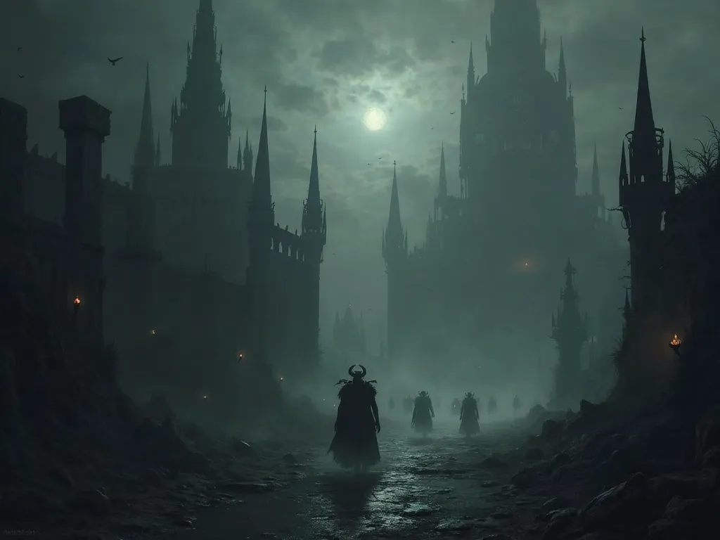 Create a background image of a Bloodborne style setting, dark environment and during the night