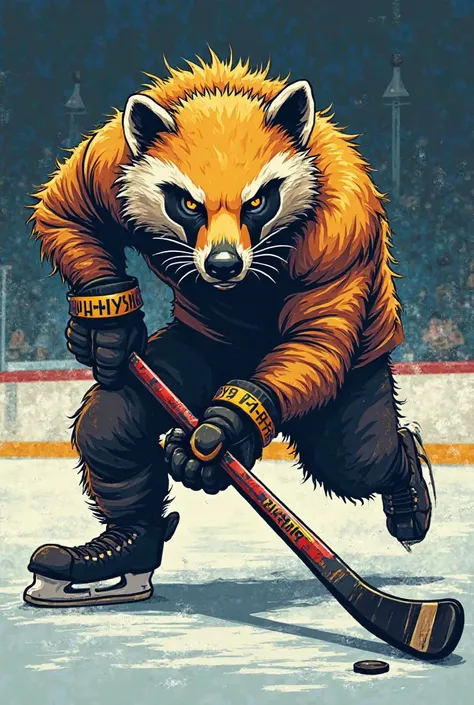 Create a hockey logo of a honey badger with a stick and name it the honey badgers