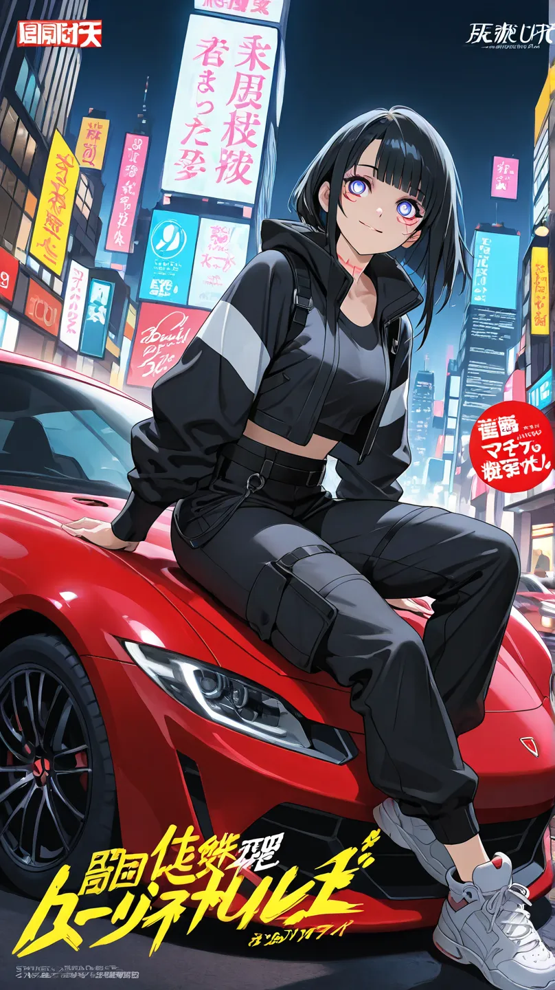 Magazine Cover, Anime style, A beautiful girl, sitting on the hood of a sports car. She has black hair, big bright eyes, and she smiles. She is wearing a black cyberpunk style outfit, with black cargo style pants and white sneakers. The background of the i...