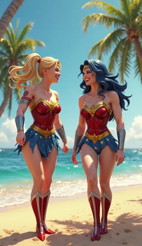  harley quinn , Wonderwoman laughing out loud on the beach,   ultra real and professional images