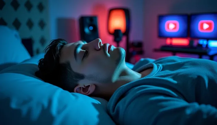 A YouTuber is sleeping deeply in his studio, lying on a bed. His face looks completely relaxed, with his mouth slightly open, and a thin trail of drool dripping from the corner of his lips. The room is dimly lit with soft ambient lighting, casting gentle s...