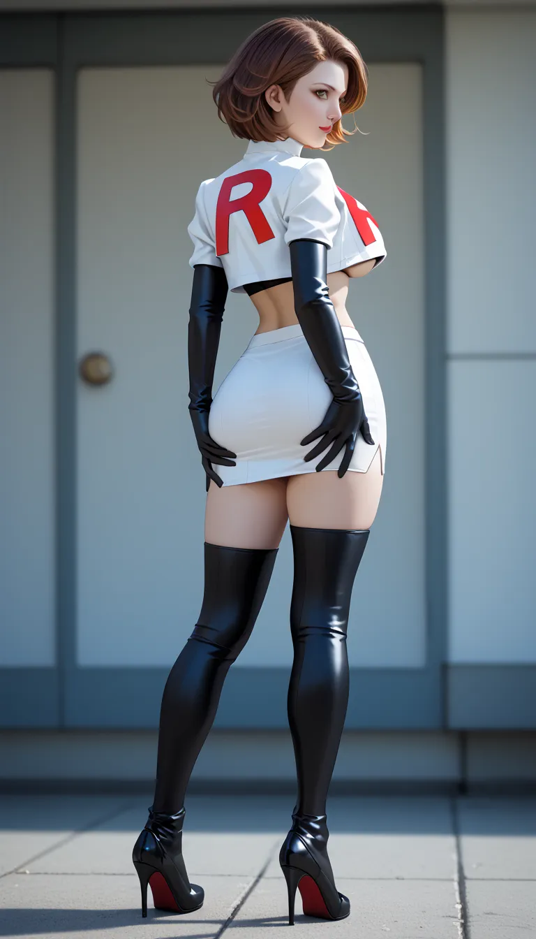 score_9, score_8_up, score_7_up, 1girl, solo, beautiful waifu, thicc, (brown hair, Yukari Takeba), detailed eyes, detailed face, flirt, large breasts, Cosplay_TeamRocket, team rocket uniform, white jacket, cropped jacket, white skirt, elbow gloves, black t...