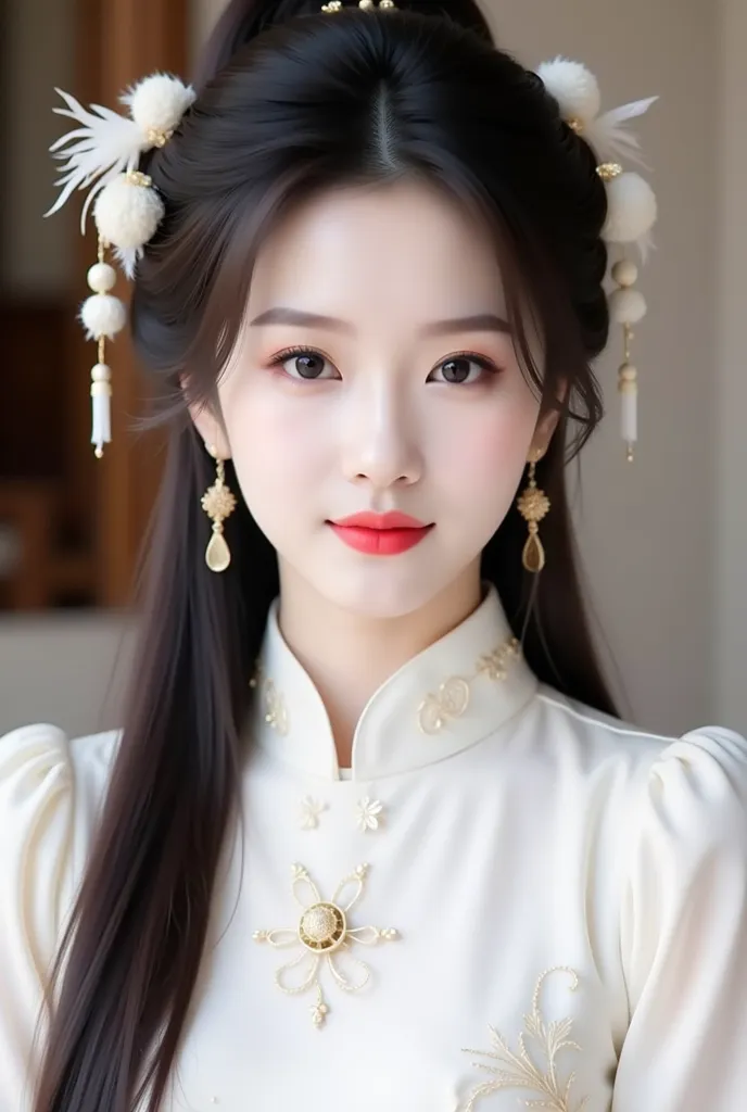 a young woman with elegant and traditional styling. She has long, dark hair adorned with intricate accessories featuring white feathers and golden embellishments. Her makeup is soft, with a rosy blush and red lips that complement her graceful appearance. S...