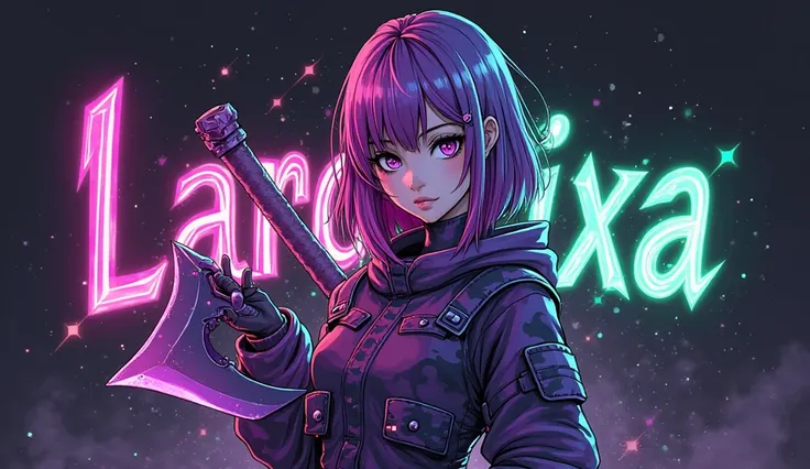 a logo do canal "Largatixa" features an anime girl holding a large sickle, with pink and green blades and shiny details. She wears a purple camouflage outfit and has hair with neon reflections. the name "Largatixa" is in modern font, with neon green and pu...