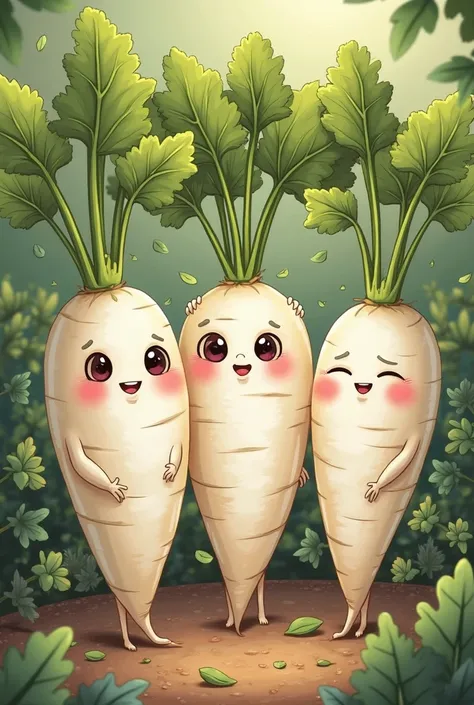 An illustration of three anthropomorphized white radishes