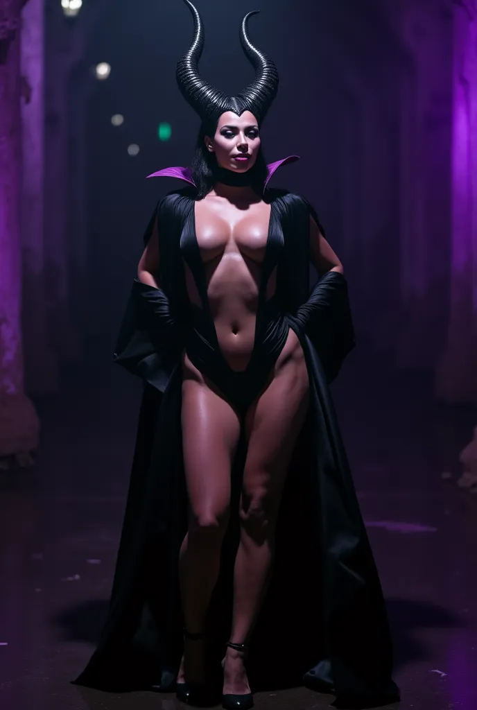 A stunning full body shot of half naked Maleficent looking almost non human, dangerously beautiful, sharp cheekbones, exotic, dangerous beauty, emphasis on her horns, extra long horns, purple highlights, purple reflected light, in the nude, hyper realistic...