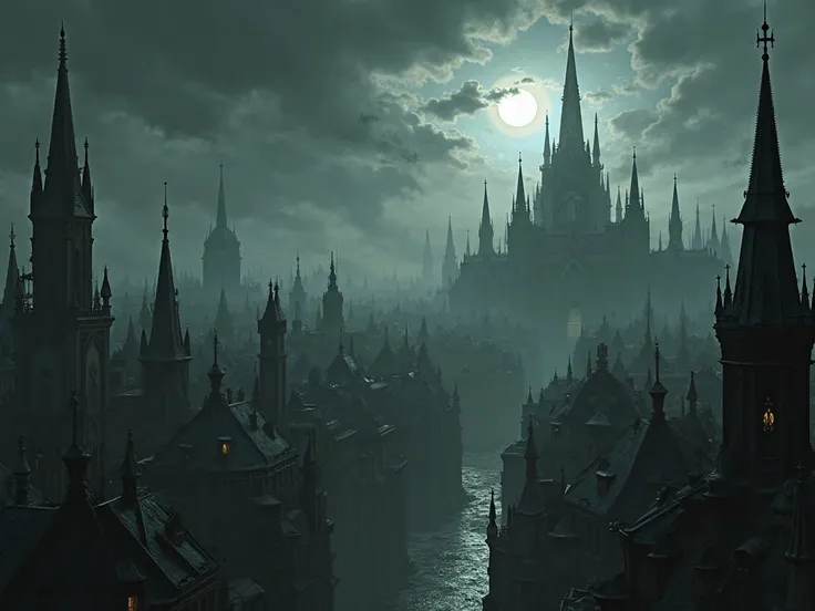 Create a background image of a Bloodborne style setting, Medieval Victorian city in a dark environment and at night being seen from far away