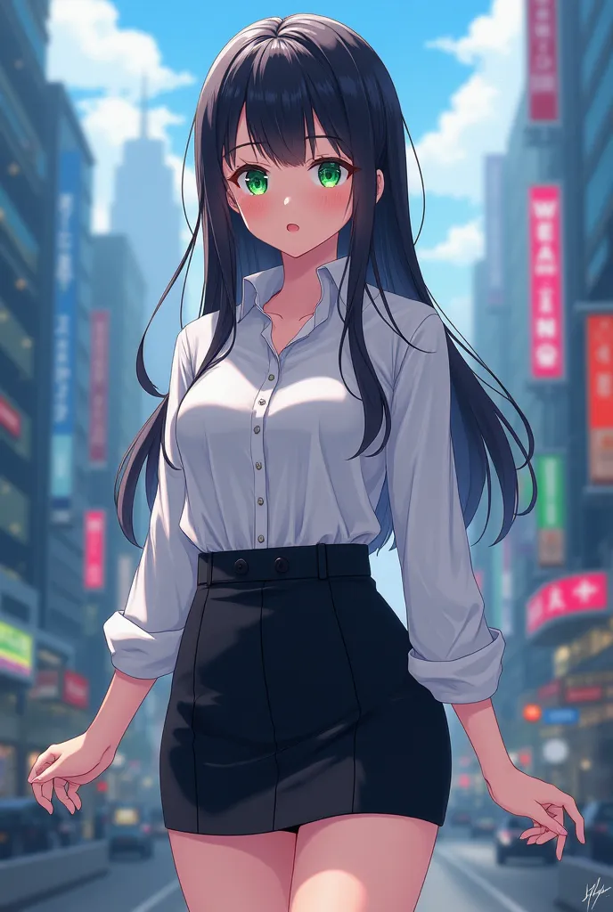 anime girl, black heir, beautiful, short black tight skirt, white shirt, long hair, green eyes, HD, city background, ultraHD, hight quality, big boobs, cute face