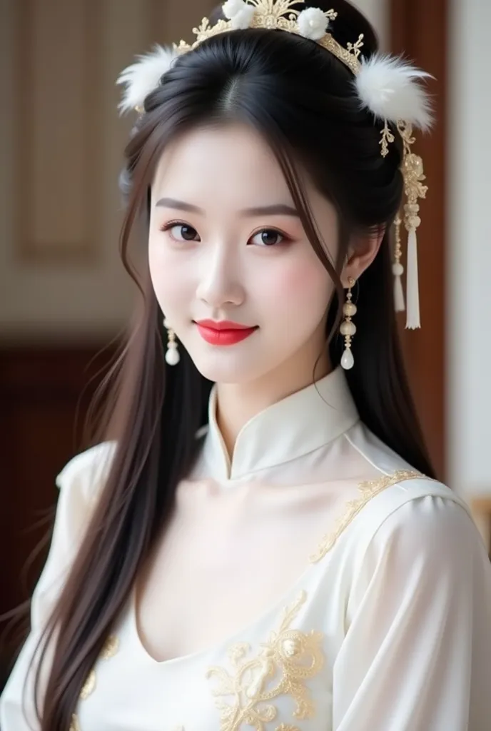 a young woman with elegant and traditional styling. She has long, dark hair adorned with intricate accessories featuring white feathers and golden embellishments. Her makeup is soft, with a rosy blush and red lips that complement her graceful appearance. S...