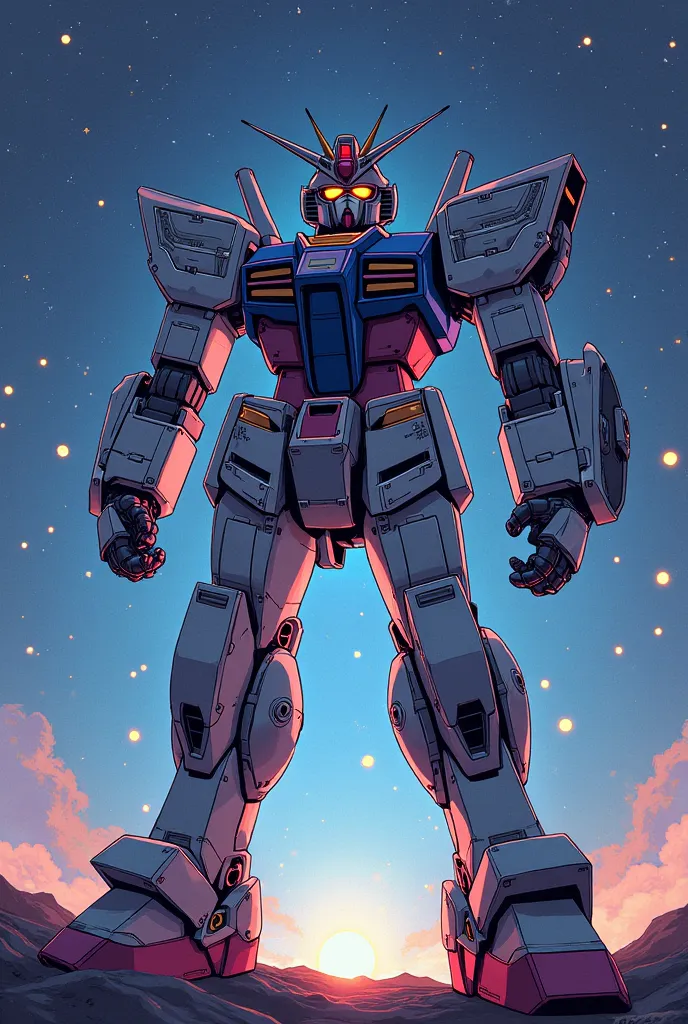 I want the character Gundam from the anime Mobile Suit Gundam to be shown with a starry background ,Let him be shown from the front, in a head-to-shoulder position ,With a hand drawing style  