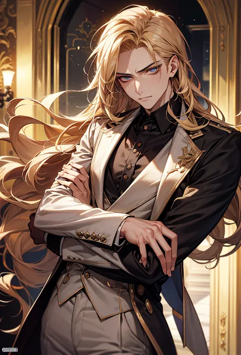 masterpiece , high resolution , man ,  male gender, age 27 years, golden hair  , Sapphire eyes , very detailed face,  attractive face ,   malicious look  , gala suit , English suit , shoulder length hair ,  wavy hair ,  por la noche .