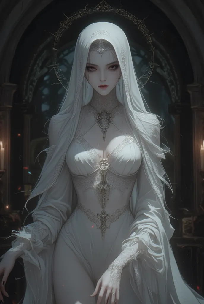 a vampire woman dressed as a white nun