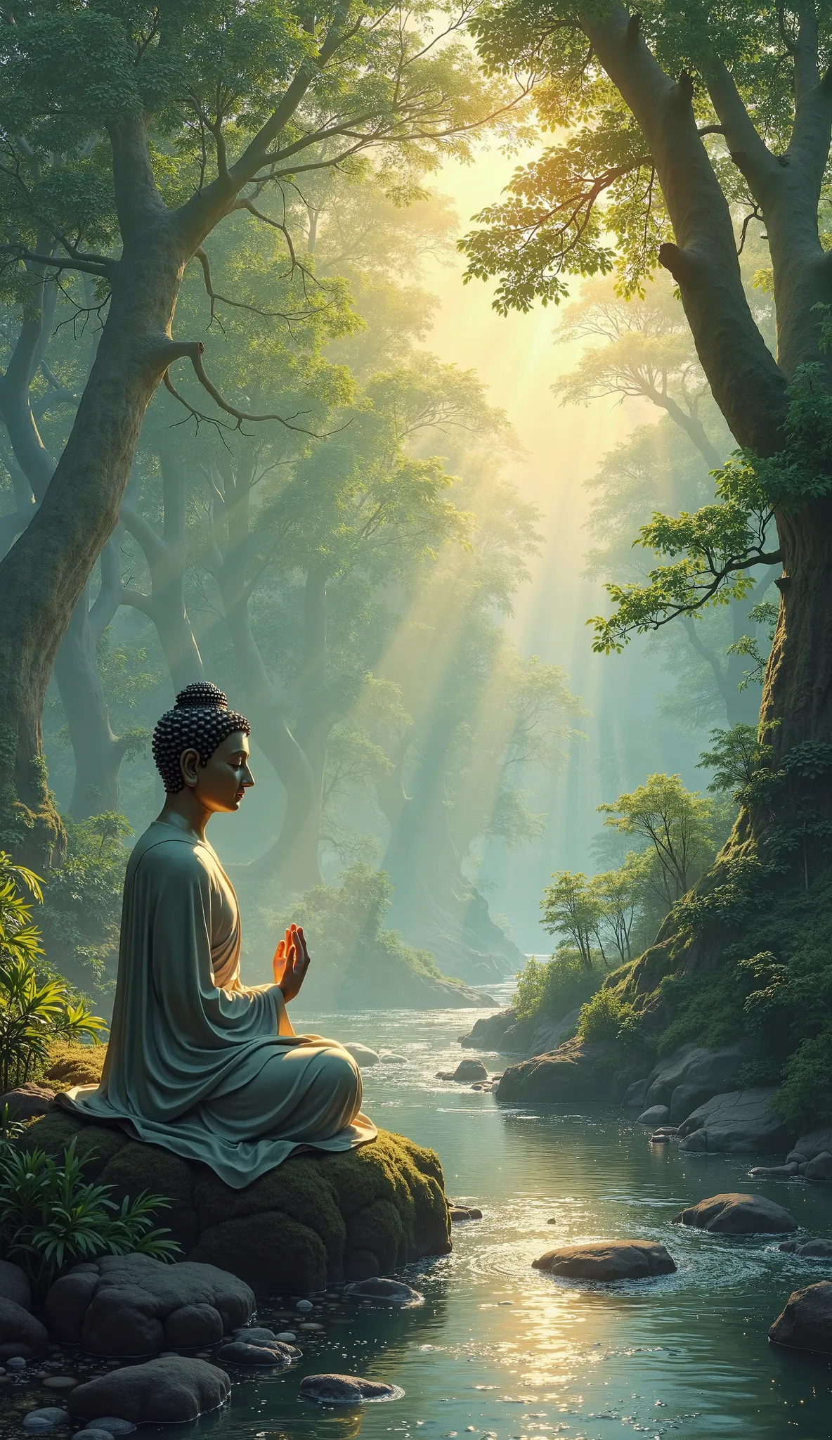 Buddha meditating in the forest with a flowing stream, glorious glow