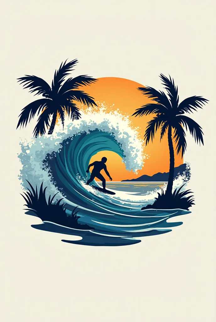  A logo with the name  "Domain: Surf wear" With a silhouette of a man on the board pulling the wave with his hands. I also want coconut trees like the ones on the beach 