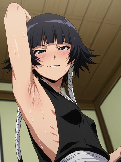 masterpiece, best quality, amazing quality, anime screencap, anime coloring, 1girl, solo, sui-feng, close-up, sleeveless, black kimono, backless, small breasts, japanese clothes, black kimono, sleeveless, bare shoulders, bare arms, arm behind head, armpit,...