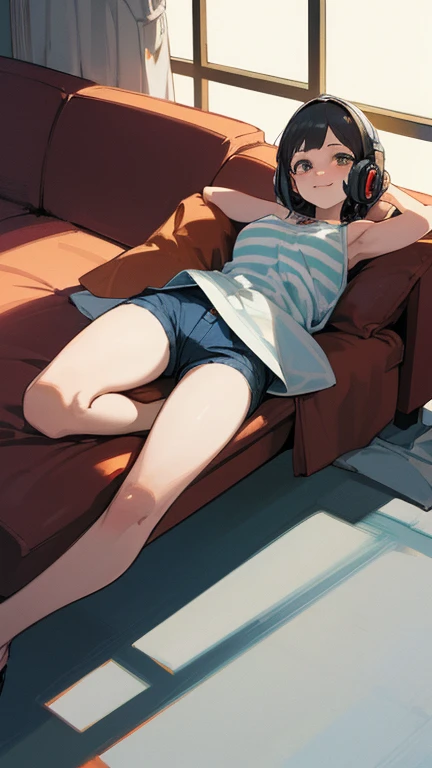 
((One Japanese woman)), lying on her back on a grey sofa in a cool living room, (wearing big headphones, straight black bob cut), white and blue striped tank top, denim shorts, bright cheerful smile, full body shot, well lit, animation, 4K, best quality, ...