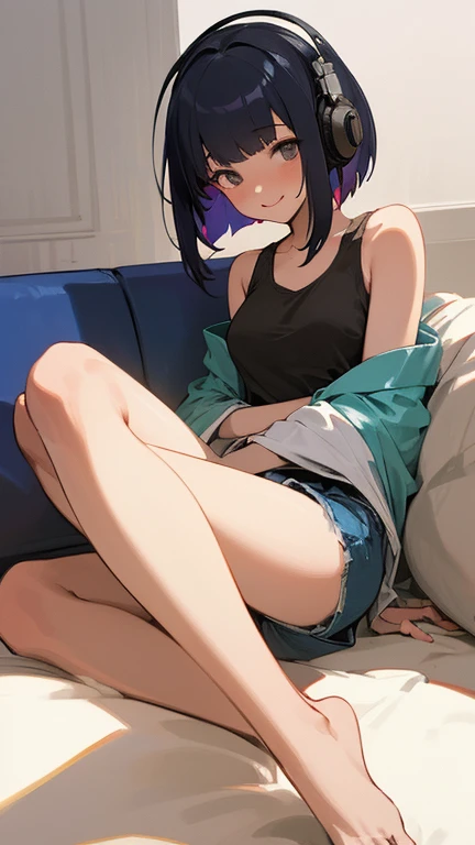 
((One Japanese woman)), lying on her back on a grey sofa in a cool living room, (wearing big headphones, straight black bob cut), white and blue striped tank top, denim shorts, bright cheerful smile, full body shot, well lit, animation, 4K, best quality, ...