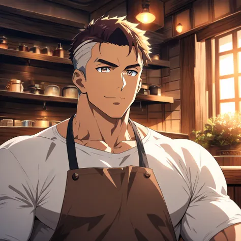  male、anime style、handsome、 fresh 、 Hair、 muscular、white Y shirt、 brown apron、Cafe、smile