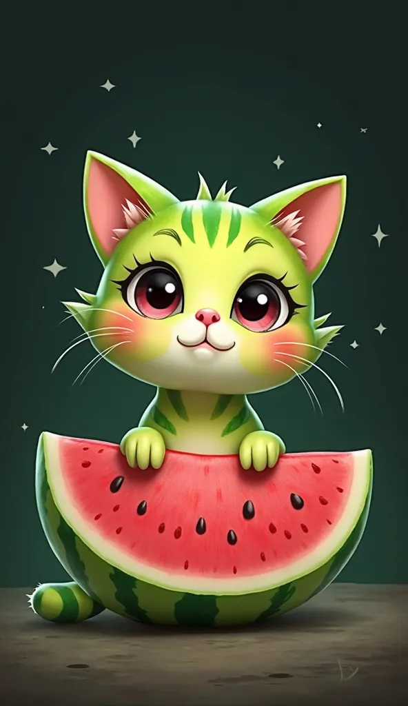 A whimsical and vibrant watermelon cat, its features exaggerated with big, round eyes, a tiny pink nose, and a playful expression. The artist has beautifully blended the colors of the watermelon to create a lively and charming character. This exquisite ima...