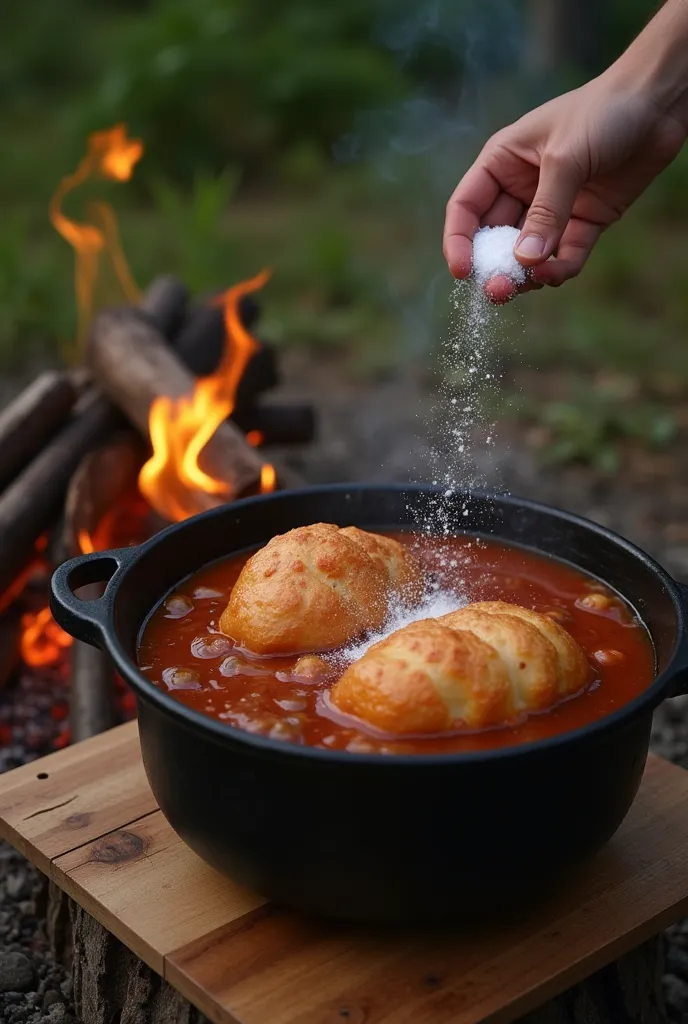 Pretty girl with big breasts being used as an ingredient for a feijoada inside a cauldron over a campfire, The girl is lying on a board next to the cauldron being seasoned by a boy with salt