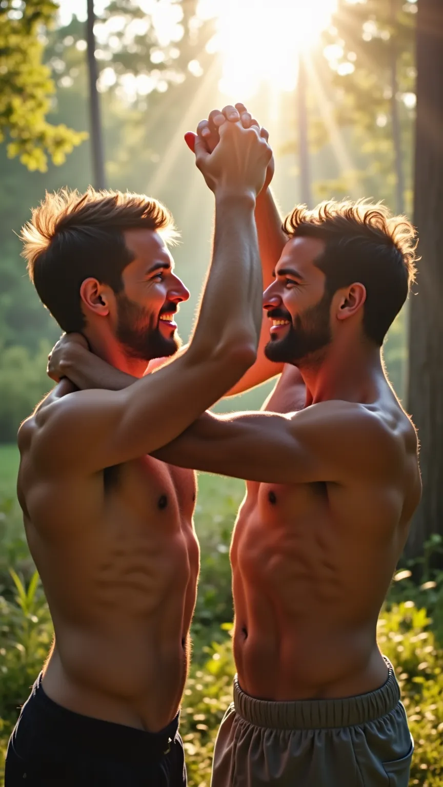 two hairy men are wrestling with one man trying to dominate the other. The one man is holding the other man's arms above his head and is pushing back. They are outside near the woods and there is brilliant afternoon sun streaming down between them.