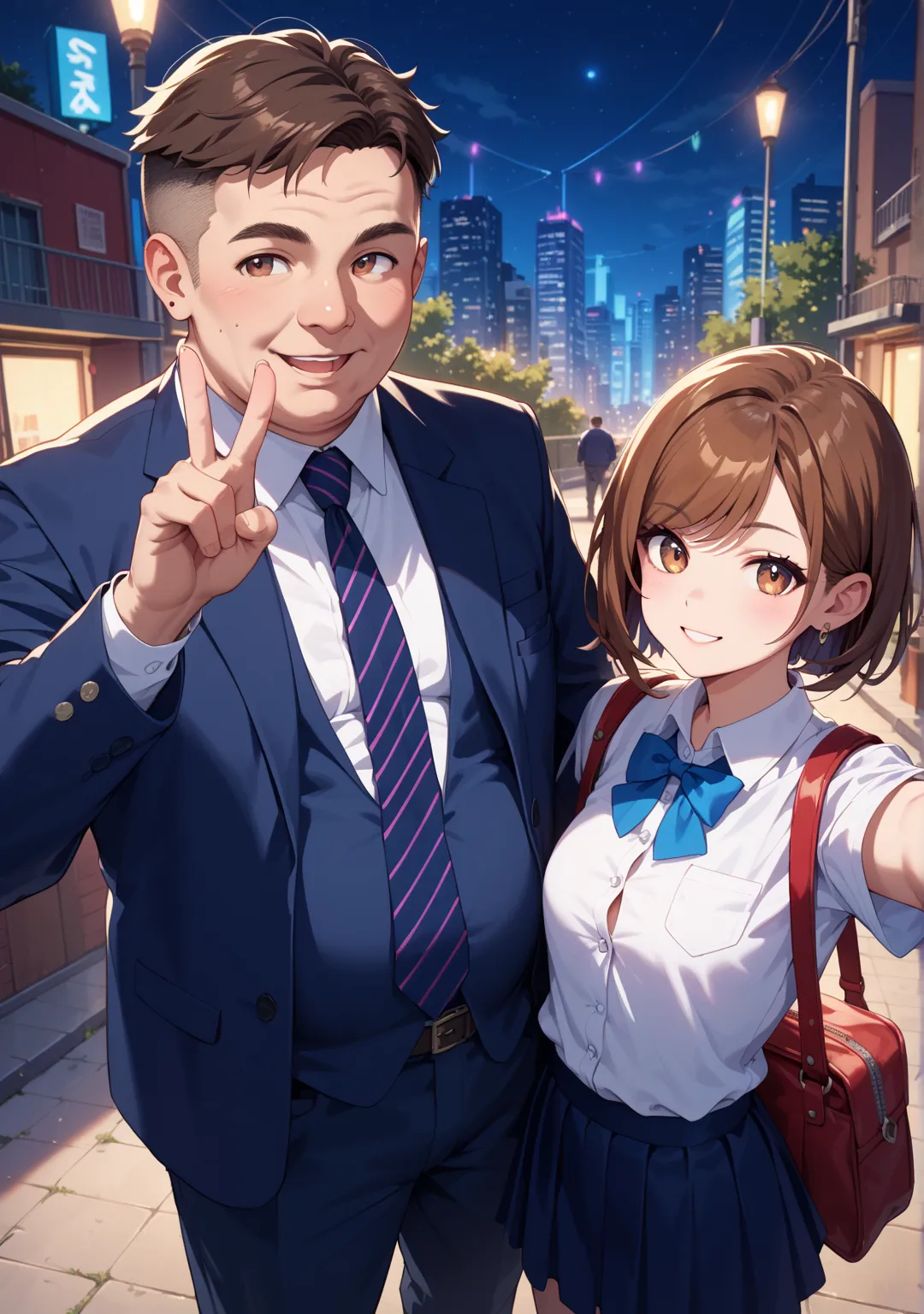 Selfie,1 girl,1 man, standard height,short hair,straight hair that can't be seen from the outside ,brown hair,Brown Eyes,glamorous,swept bangs,white button-up shirt,dark blue skirt,her dark blue blazer,walk,bag,night,,fat old man,middle age man,Selfie,Skys...