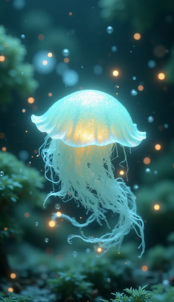 Masterpeice, realistic, high quality, 8k Ultrs HD, A small, floating creature resembling a glowing jellyfish with soft, fluffy tendrils. Its round, pearlescent body glows softly like the moon, and it emits a soothing hum that calms those around it. Moonpuf...