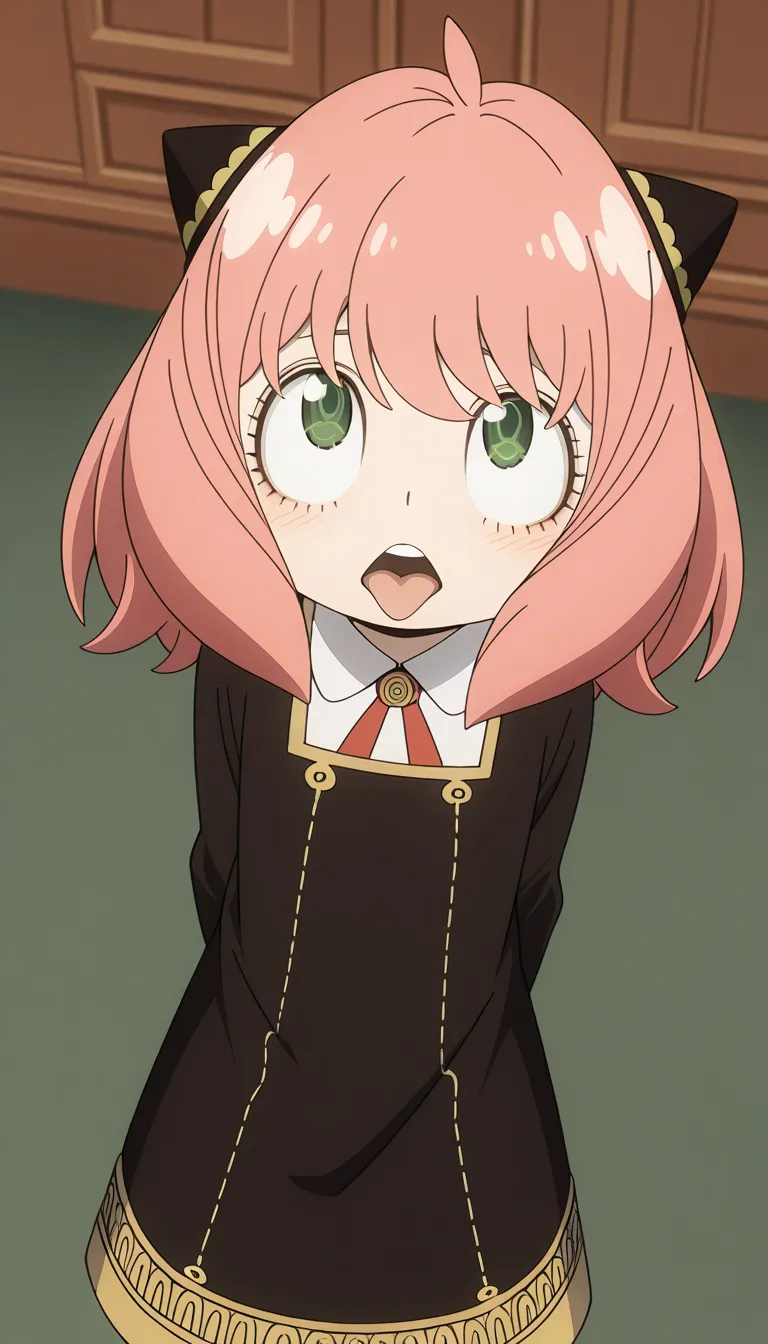 score_9, score_8_above, score_7_above, source_anime,  counterfeit Anya , away (spy x family), fringe, green eyes, pink hair, ahoge, , female ,  hair capsules,, away ahegao, 