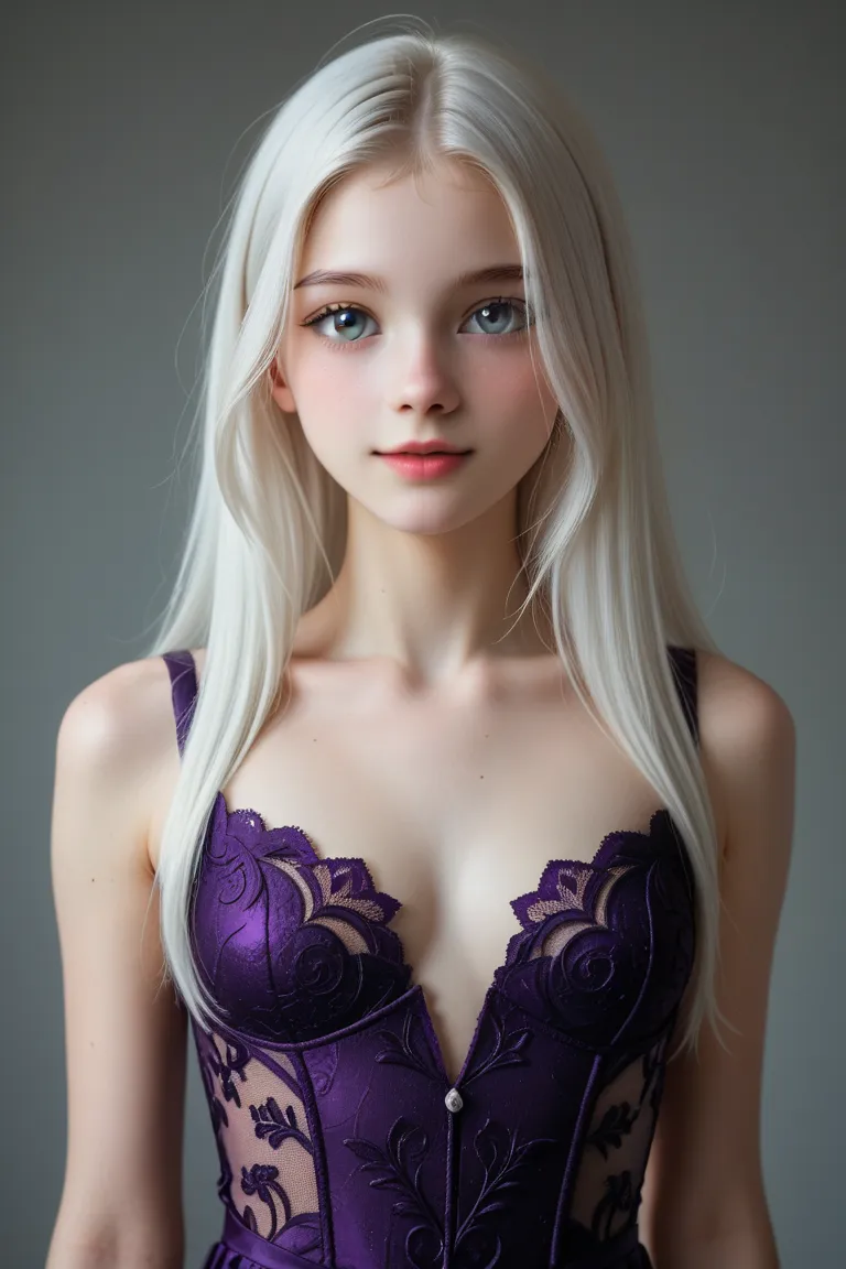 very realistic, (((Alone))), ((Naive and tender  girl, Finely made-up,  long straight white hair , gray eyes wearing a purple Atlantida style outfit on fine silk)).  pose standing. Photorealistic, The girl looks exquisite and voluptuous with a very attract...